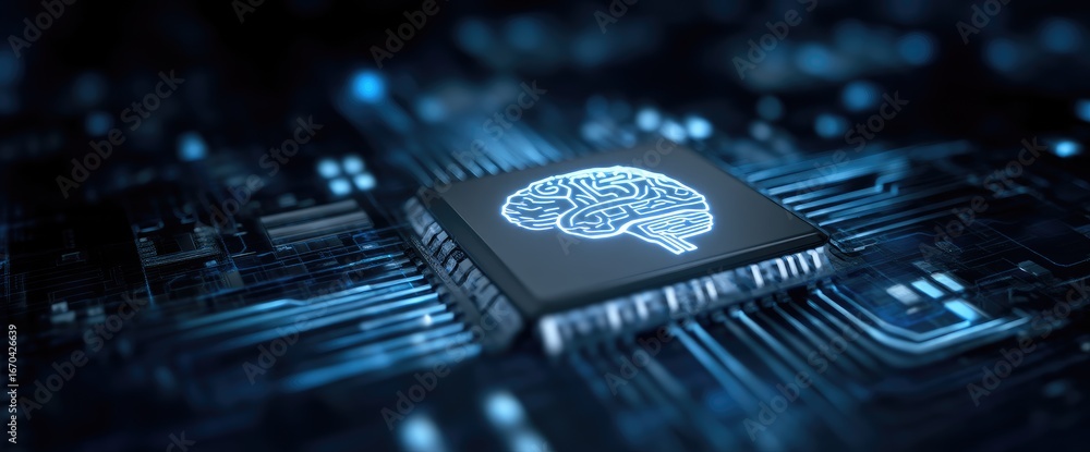 Aufkleber artificial intelligence chip with glowing brain symbol on futuristic circuit board, ideal for ai, ma