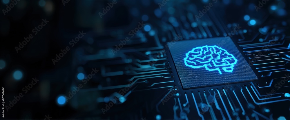 Aufkleber futuristic ai chip with glowing brain circuitry on digital motherboard, representing artificial inte