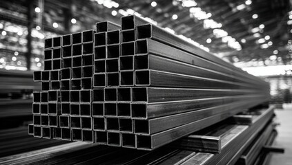 Stacked black metal square tubes in a warehouse