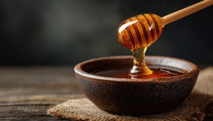 Honey dripping from a dipper into a bowl