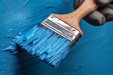 Construction worker applies blue waterproofing paint to seal basement wall and prevent water damage