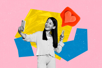 Sketch template design photo collage of schoolgirl smile hold smartphone selfie two finger hello blogging influencer online digital media