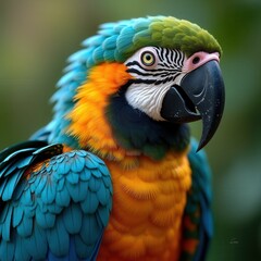 Fototapeta premium vibrantly colored parrot with striking blue, yellow, and green feathers perched in a natural setting, showcasing the intricate details of its plumage and intense gaze, alive, contour, crest, beady