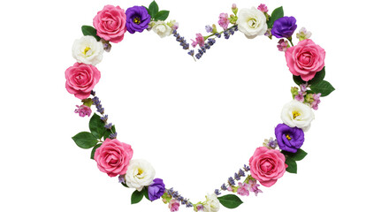 Naklejka premium Meticulous flat lay of a heart-shaped floral frame with pink roses, lavender, eustoma, green leaves on high-key white background with copy space. Concept of natural care and purity