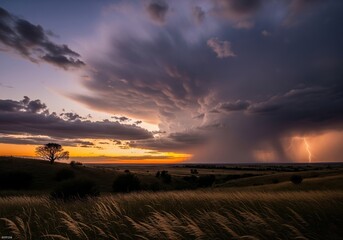 Fototapeta premium Dramatic Stormy Sky Over Golden Fields at Sunset with Distant Lightning Strike