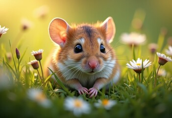 adorable mouse with big eyes nestled in a flowering grass meadow at golden hour, surrounded by daisies and bathed in warm sunlight, teeming with color and life, tranquil, harmony, colorful
