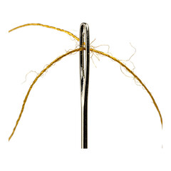 Metal sewing needle with yellow thread looped through the eye placed on white background showing tailoring and stitching