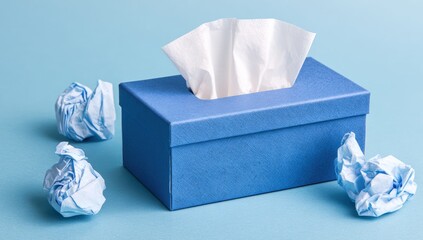 A blue tissue box with crumpled papers