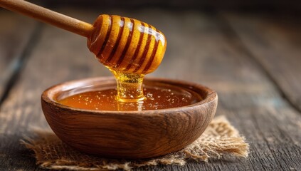 Honey dripping from wooden dipper into bowl (1)