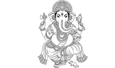 Fototapeta premium Detailed line drawing of Hindu deity Lord Ganesha in black and white. Sacred illustration representing wisdom, spirituality, prosperity, and devotion in Indian culture