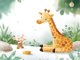 Fototapeta premium Zookeeper doll, feeding a giraffe, lively zoo environment, Watercolor style