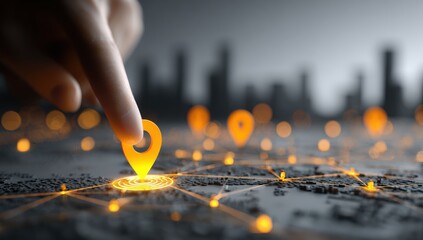 A hand placing a location marker on a digital map