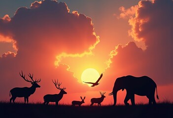 silhouettes of diverse wildlife against a vibrant sunset with dramatic clouds and bold colors, capturing the harmony of nature in a serene landscape, picturesque, breathtaking, warm, immersive