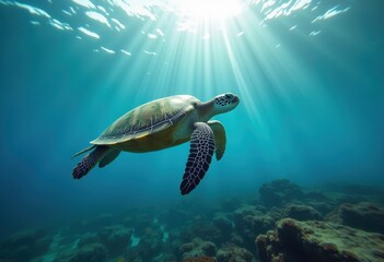Obraz premium majestic sea turtle gliding through sunlit ocean waters, illuminated by radiant sunbeams, amidst serene underwater landscape and coral, evoking peace and tranquility, purity, azure, soothing