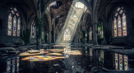Fototapeta premium Abandoned Gothic Cathedral Interior with Sunlight Streaming Through Stained Glass Windows