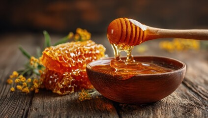Honey dripping from a wooden dipper into a bowl, beside honeycomb pieces on a rustic wooden table
