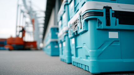 Blue protective transport containers for medical equipment and pharmaceuticals. Secure shipping cases in warehouse for healthcare logistics, drug delivery, temperature-controlled transportation.