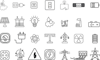 Energy and electricity icons set including solar panels, power plugs, batteries, light bulbs, nuclear, hydro, wind turbine, and transmission towers, transparent background