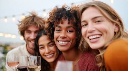 Diverse group of happy friends celebrating with wine glasses at rooftop party. Multicultural friendship, joyful social gathering concept. Perfect for lifestyle, diversity marketing materials.