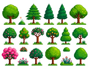 Fototapeta premium Pixel art trees and shrubs