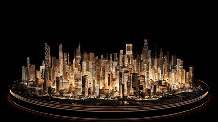 Illuminated cityscape model on dark background.