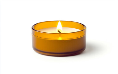 Tealight Candle with Flickering Flame Isolated on White Background.