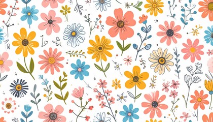 Vibrant HandDrawn Wildflower Pattern with Whimsical Doodles.