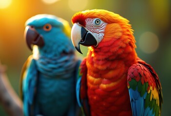 vibrant macaws perched in a serene natural setting, displaying their colorful plumage against a warm, glowing sunset backdrop, showcasing nature's beauty and diversity, peaceful, lush, vibrant
