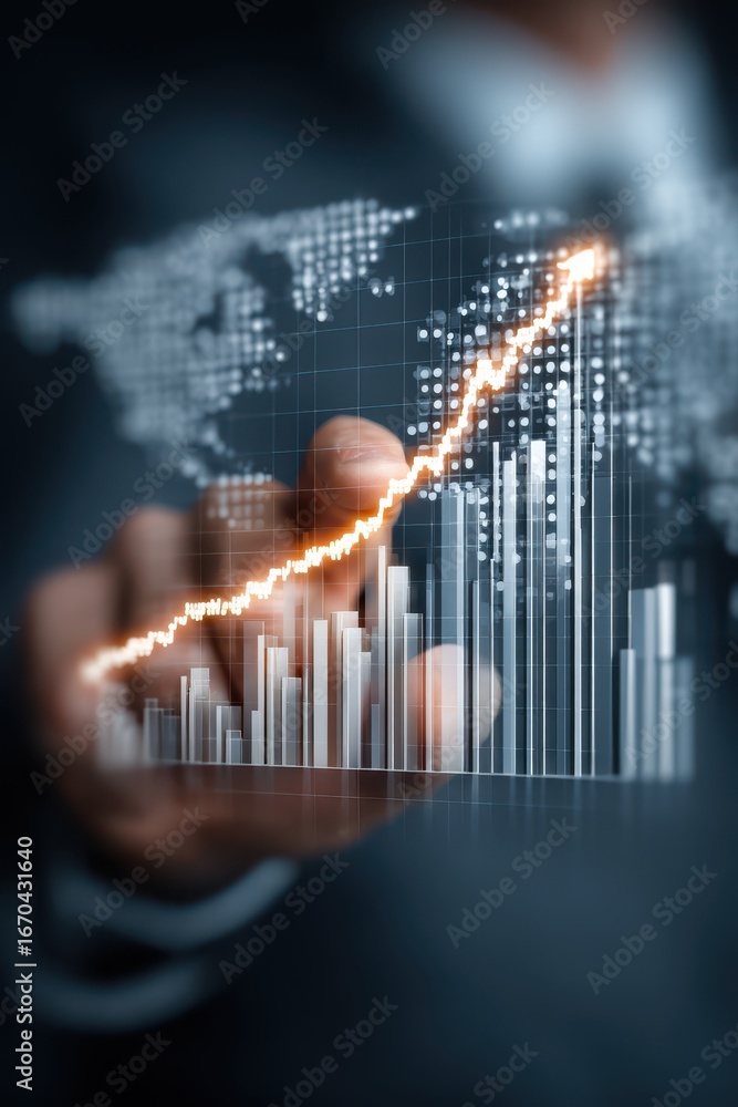 Poster close-up view of a rising graph with business and financial concepts