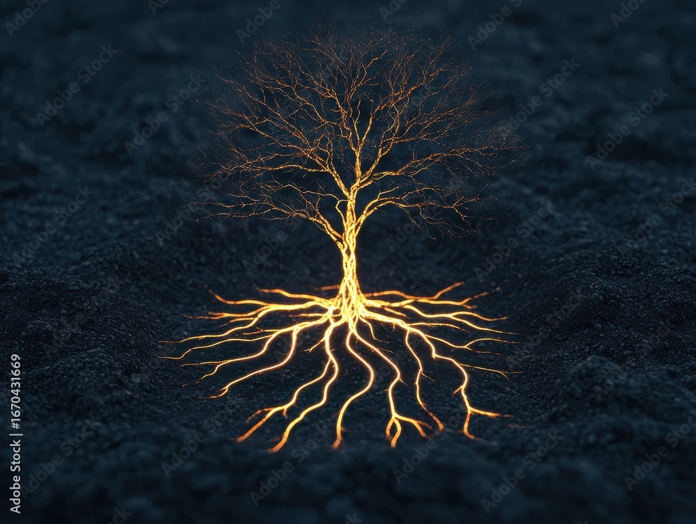 Poster a luminous tree with intricate roots shining brightly in a dark environment.