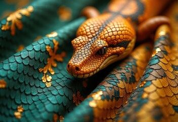 Fototapeta premium close-up of an intricately patterned snake showcasing vibrant orange and black scales against an ornate, luxurious teal and gold textile backdrop with decorative motifs, creature, tactile, visual