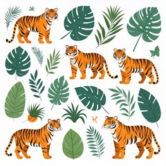 Obraz premium Vibrant Illustrated Set of Standing Tigers and Assorted Tropical Leaves.