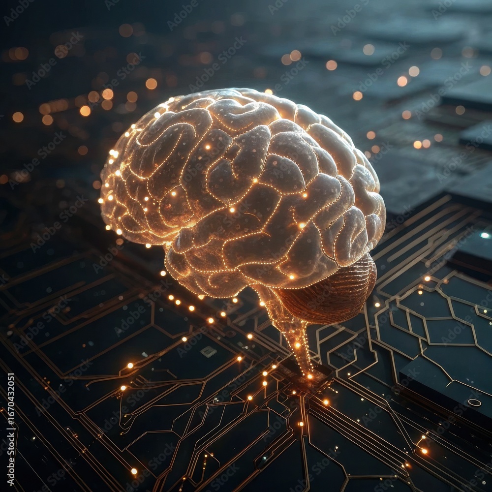 Poster a digitally rendered brain illuminated by glowing circuits, symbolizing the intersection of technolo