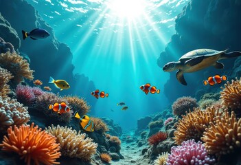 vibrant underwater scene with clownfish, sea turtle, and colorful coral amidst sunlit ocean waters creating a lively and serene marine landscape, calmness, tranquil, meditative, shelter, arcadian