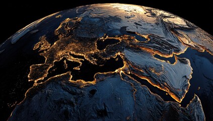 Naklejka premium Detailed 3D globe view of Europe and surrounding regions at night