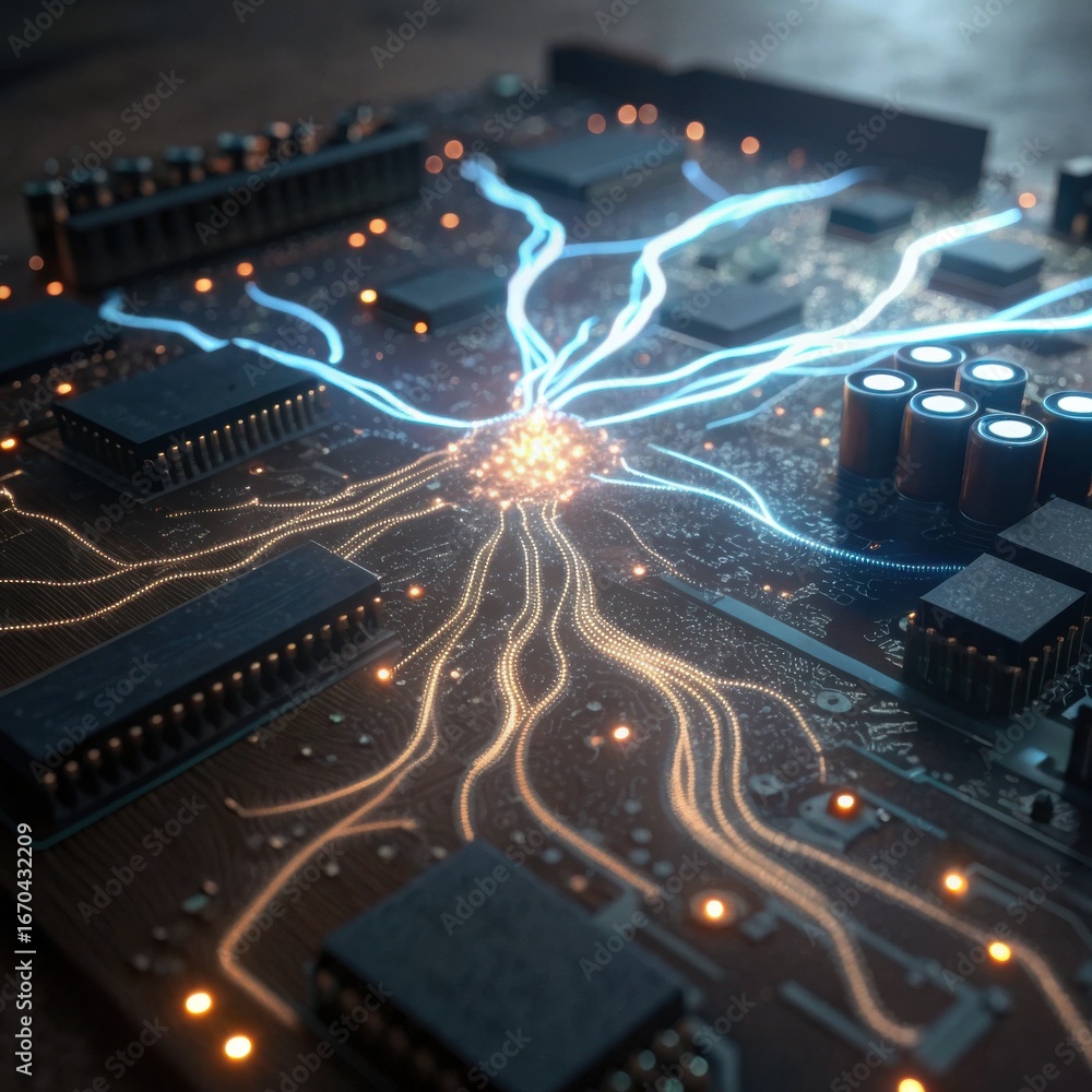 Aufkleber a close-up of a circuit board with glowing connections, highlighting the intricate pathways of elect