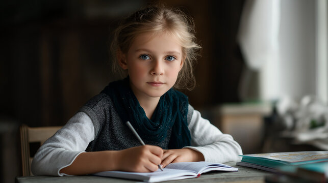 A girl studies at school, the focused scene illuminated by gentle light. Girl, school, with copy space