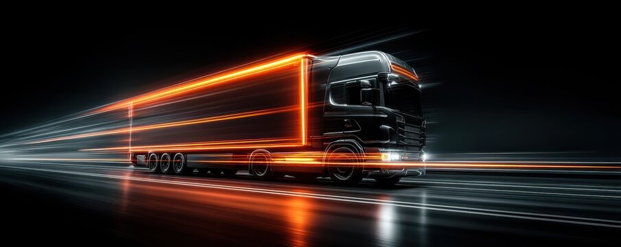 Truck driving on highway with motion blur and glowing light effects