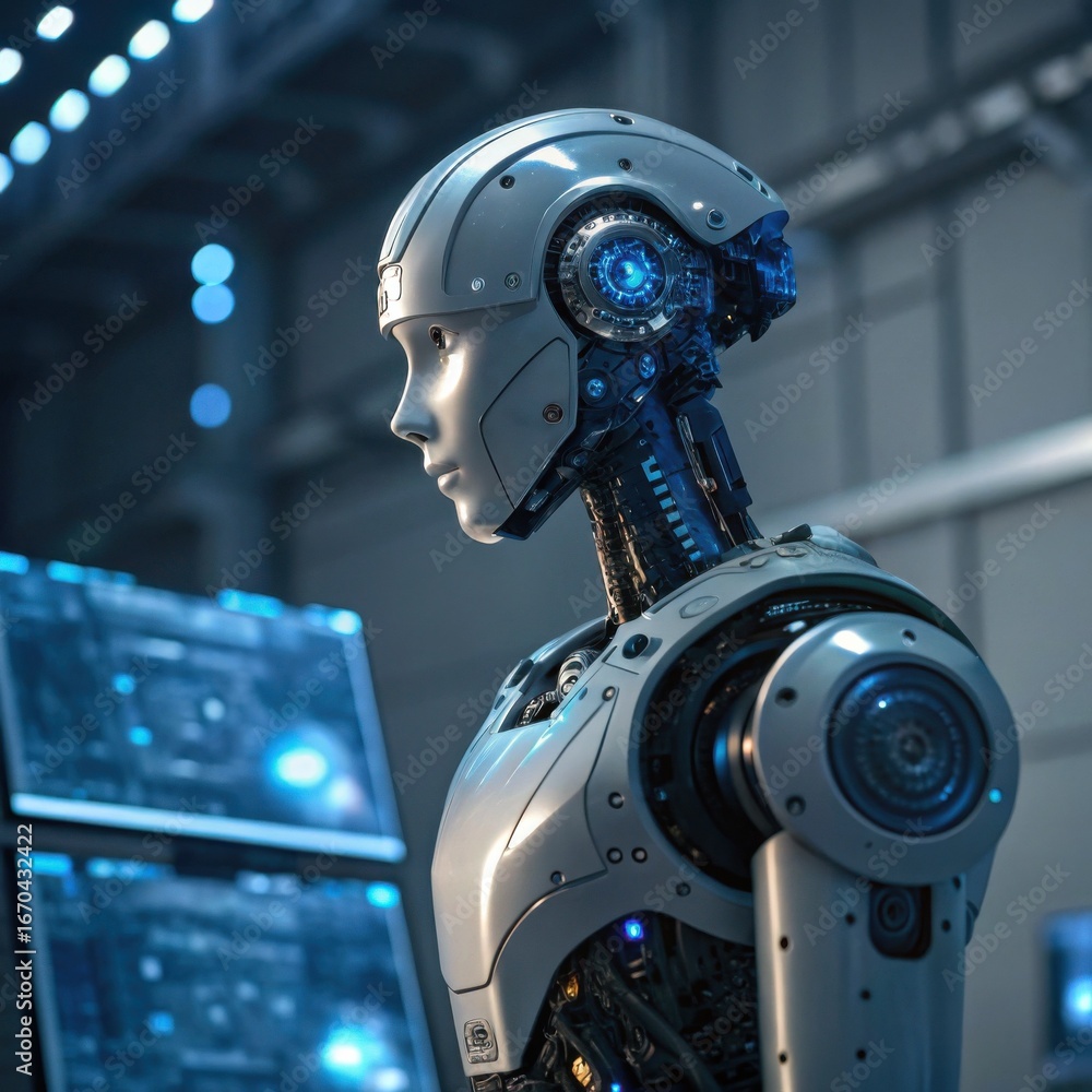 Poster a futuristic humanoid robot with glowing features stands beside advanced technology in a modern, hig