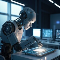 A humanoid robot interacts with a glowing circuit board in a high-tech environment, surrounded by screens displaying digital information.