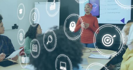 team lead stepping forward in boardroom and presenting business strategy with virtual icons - Powered by Adobe