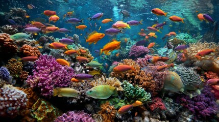Fototapeta premium Tropical sea underwater fishes on coral reef, Generative AI,