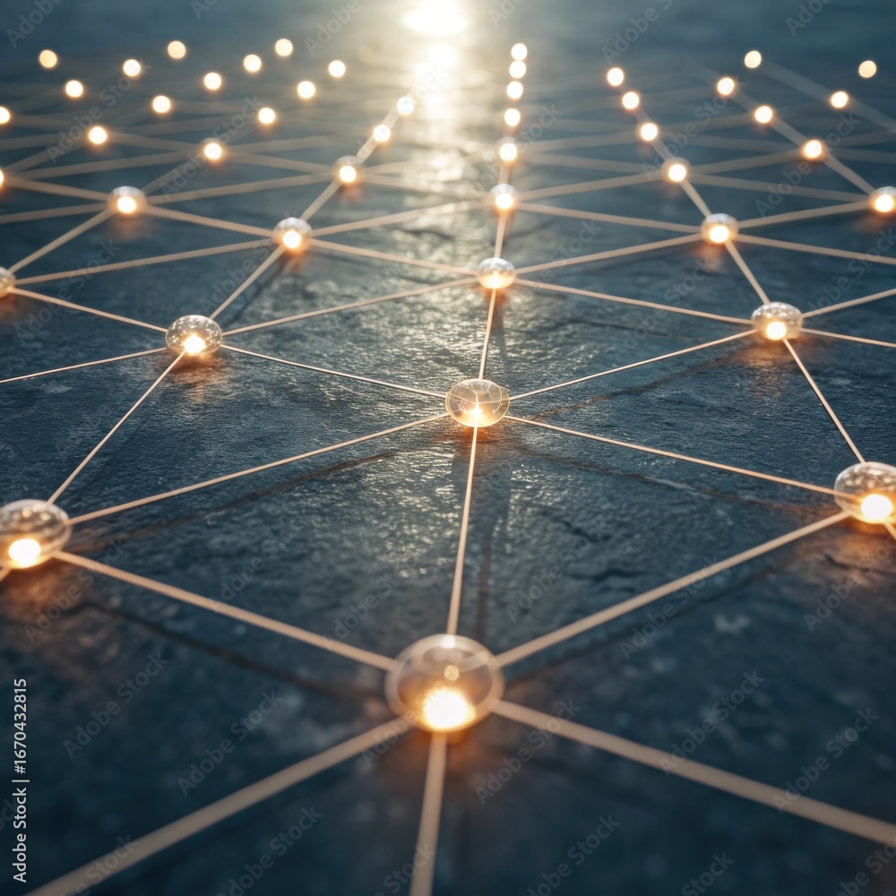 Poster a network of glowing nodes connected by lines, creating a futuristic geometric pattern on a textured