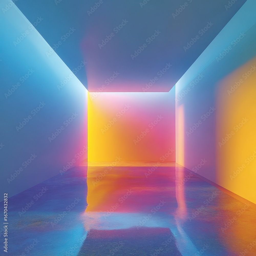 Poster rectangular hall with colorful reflections on the floor, gradient lights on the walls