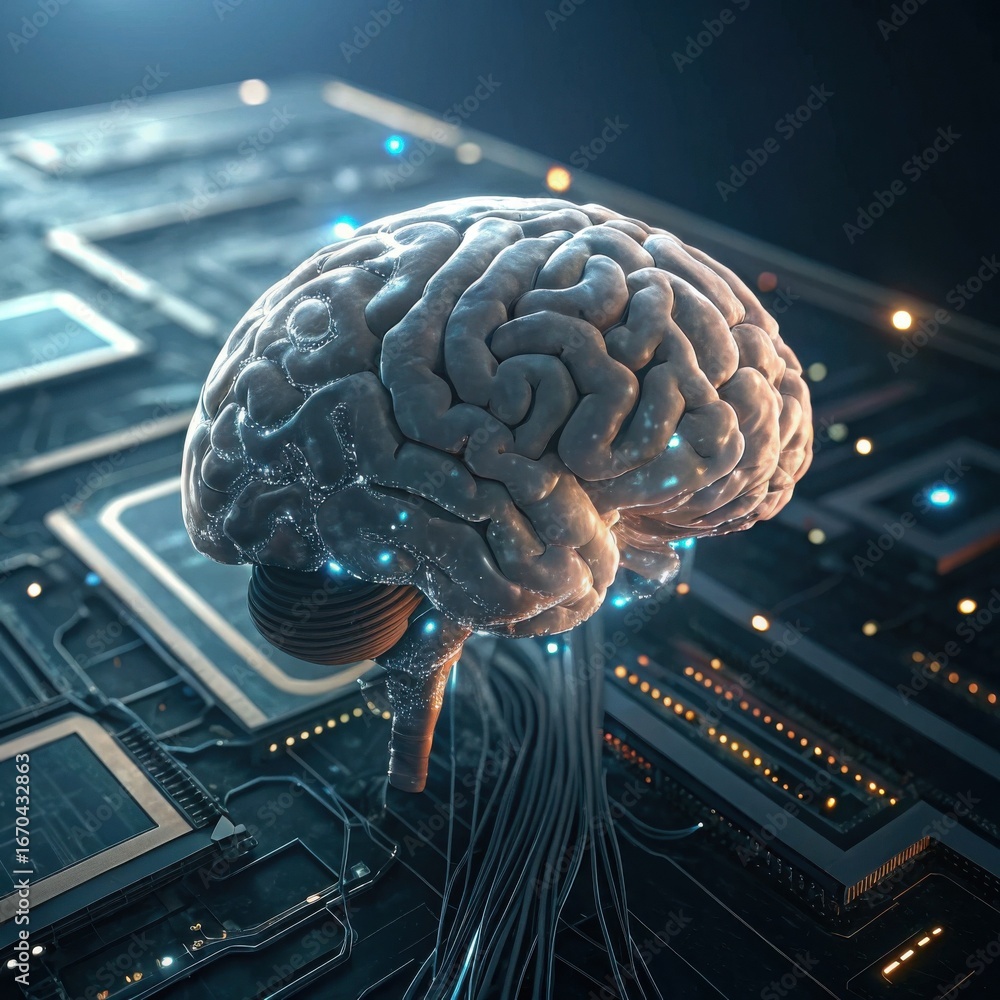 Poster a futuristic brain interconnected with circuits, symbolizing the fusion of neuroscience and technolo
