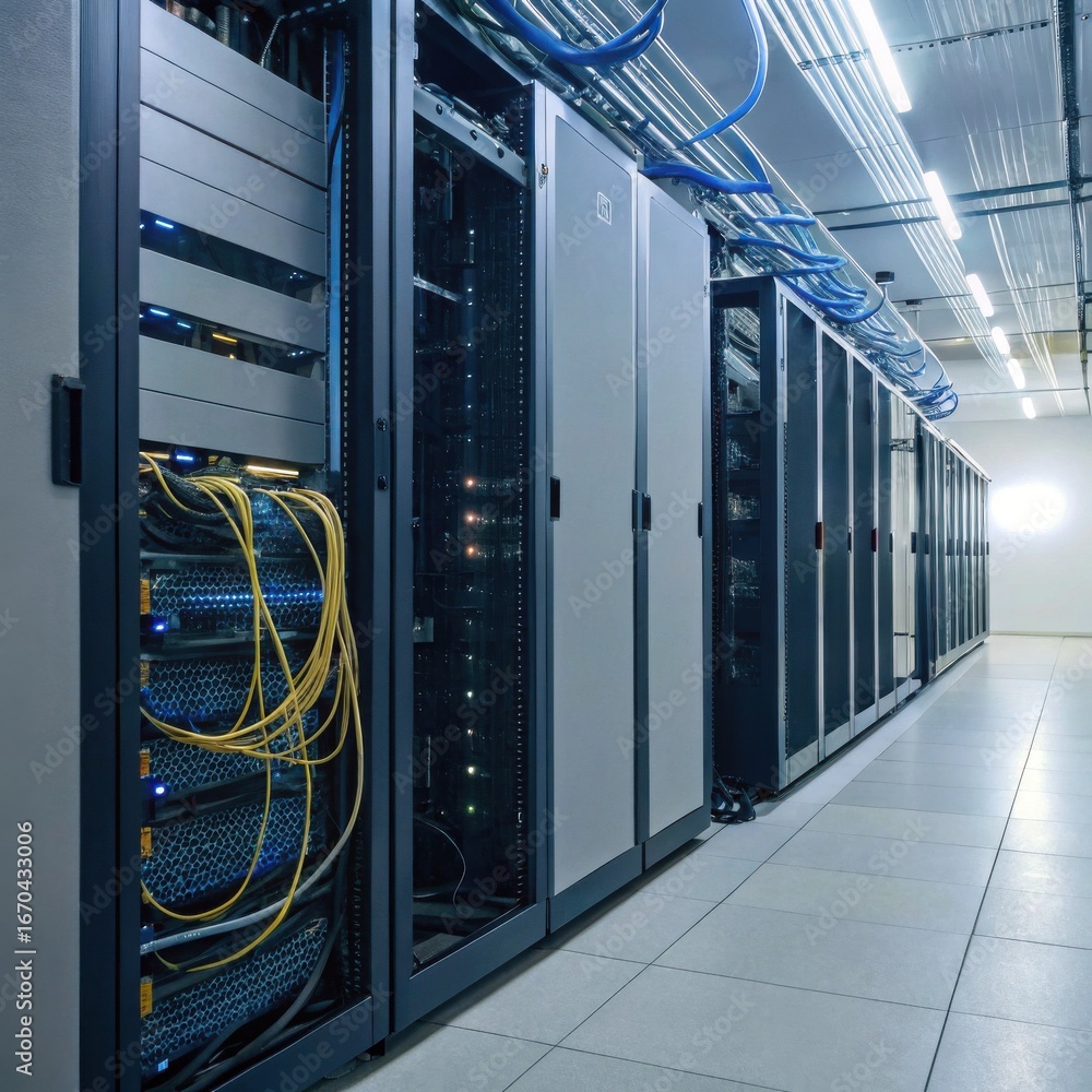 Poster a modern data center featuring rows of servers with numerous cables, illuminated by overhead lightin