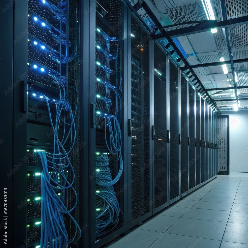 Aufkleber a modern data center featuring rows of servers with illuminated lights and cables, showcasing advanc