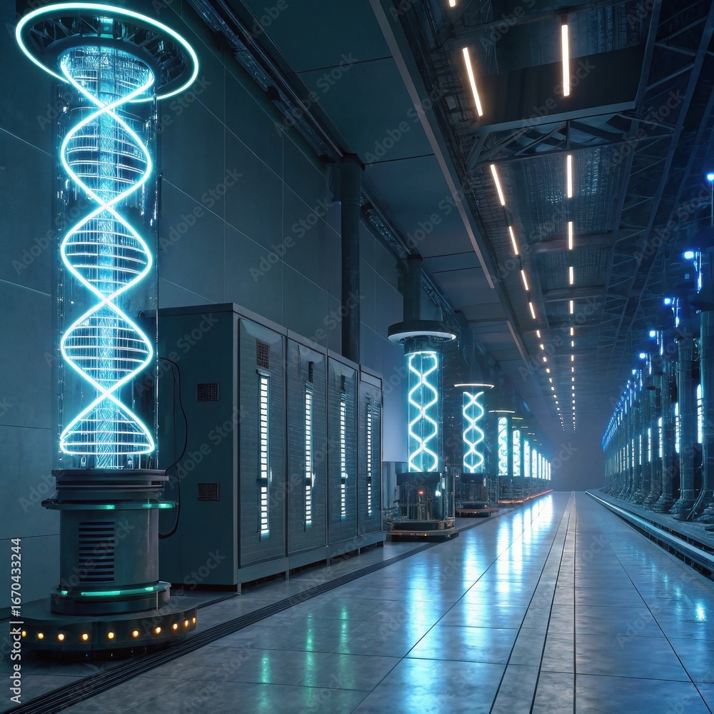 Aufkleber a futuristic corridor with glowing dna-like structures and high-tech equipment lining the walls, cre