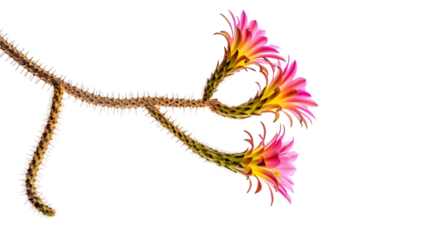 Vibrant Pink Cactus Blossoms: Close-up of a spiny creeper plant with three blooming flowers against a black background.