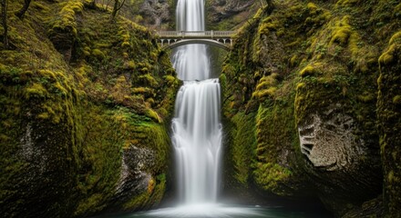 Majestic waterfall cascade under stone bridge in lush green forest scenery